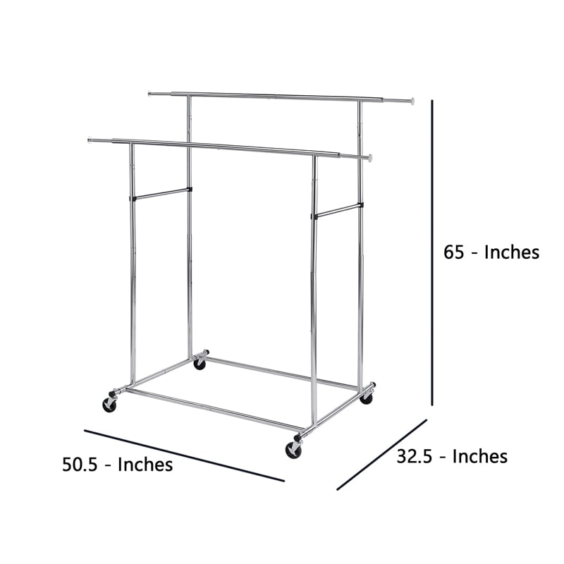 Pemberly Row Dual Bar Garment Rack with Casters 80 lbs Per Bar in Chrome
