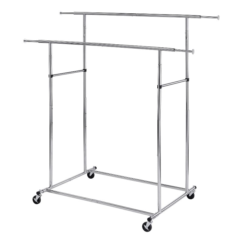 Pemberly Row Dual Bar Garment Rack with Casters 80 lbs Per Bar in Chrome
