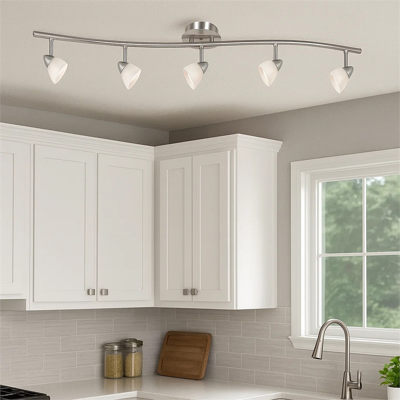 Pemberly Row 5-Light Track Fixture with Glass Shades in White & Silver