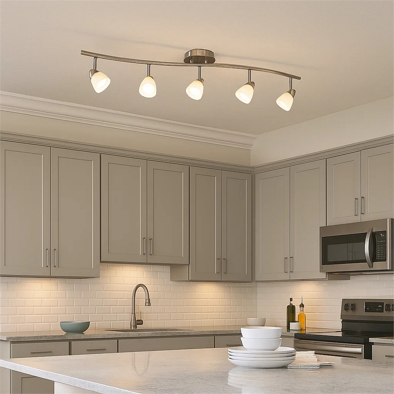 Pemberly Row 5-Light Track Fixture with Glass Shades in White & Silver