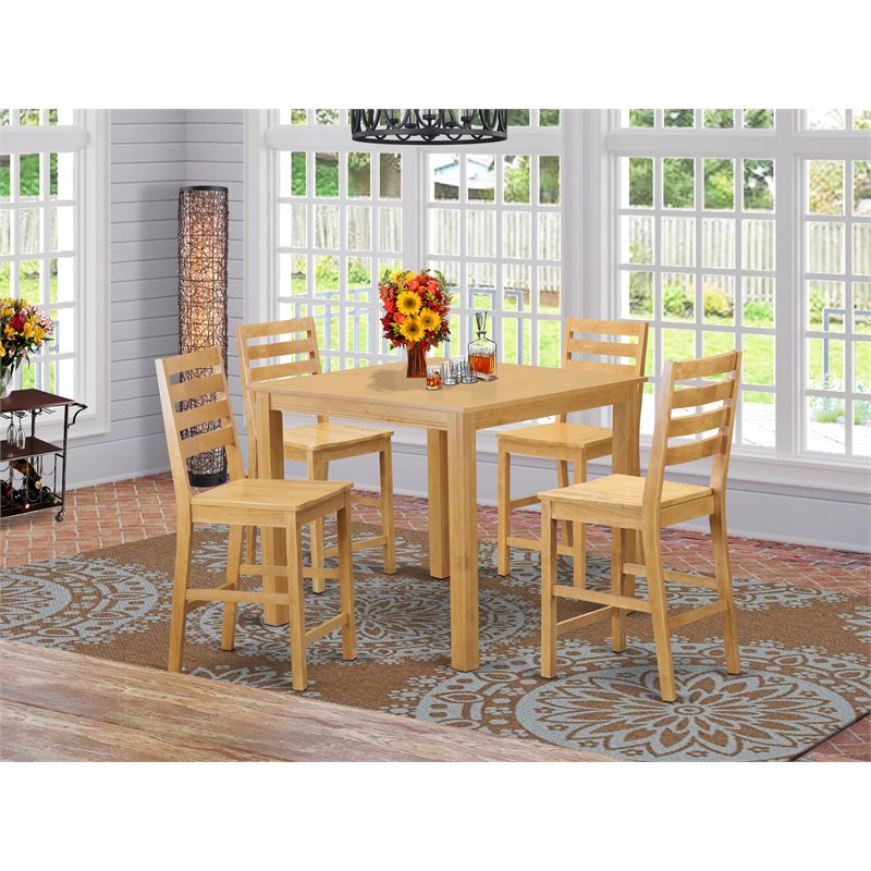 Pemberly Row 5-Piece Wood Dining Set with Ladder Back Stools in Oak Finish