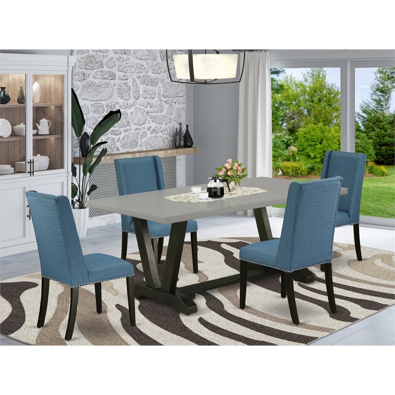 Pemberly Row 5-Piece Wood Dining Set in Wire Brushed Black & Mineral Blue