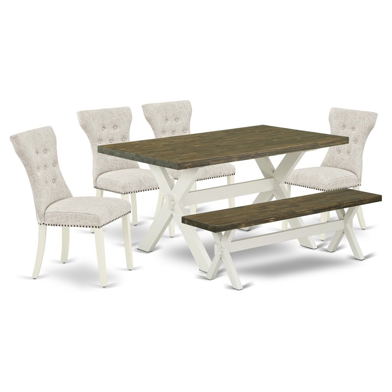 Pemberly Row X-Style 6-Piece Dining Set with Bench in Linen White/Doeskin