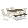 Pemberly Row X-Style 6-Piece Dining Set with Bench in Linen White/Doeskin