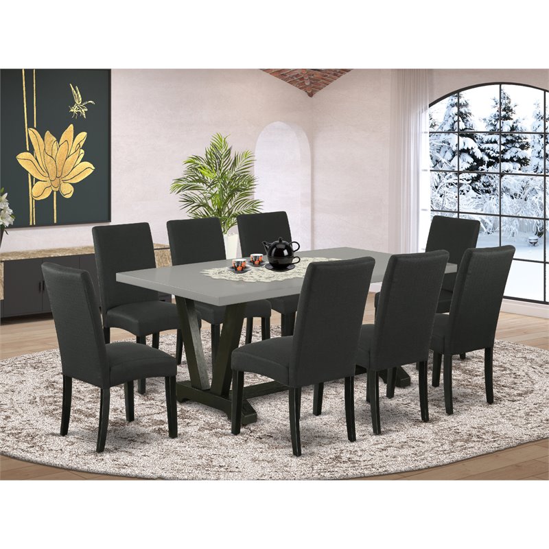 Pemberly Row 9-Piece Wood Dining Set with Linen Fabric Seats in Black