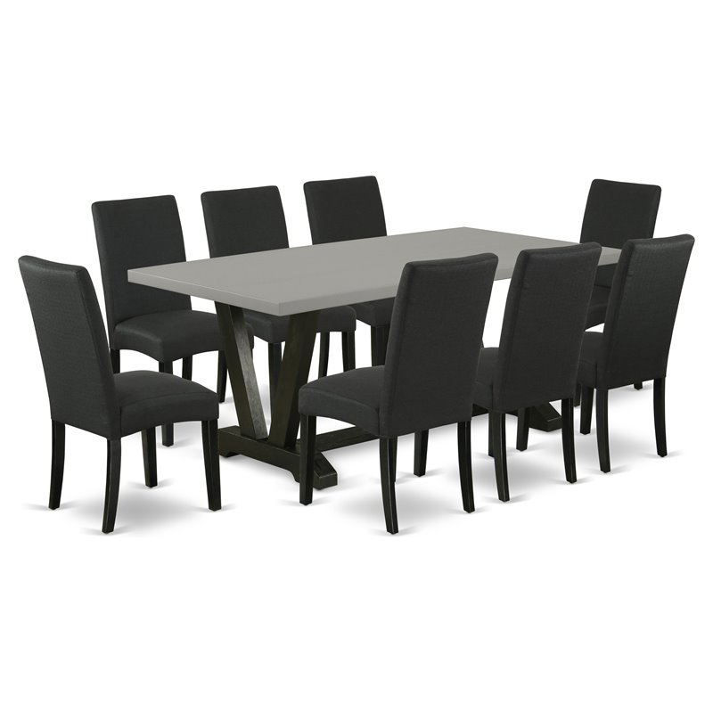Pemberly Row 9-Piece Wood Dining Set with Linen Fabric Seats in Black