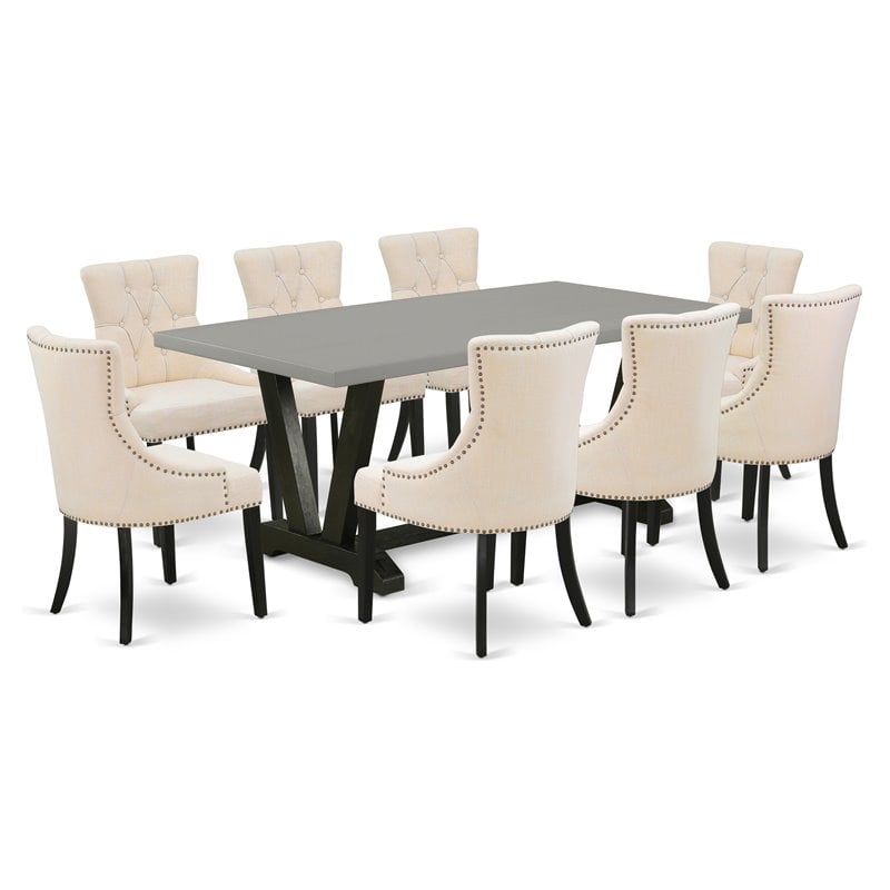 Pemberly Row 9-Piece Dining Set with Wood Table in Black/Light Beige
