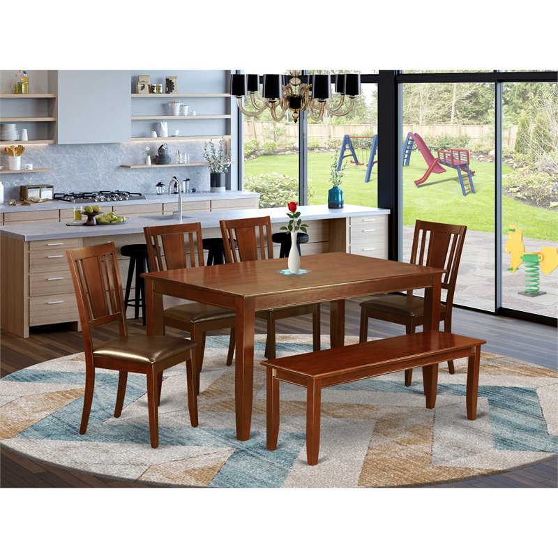 Pemberly Row 6-Piece Mahogany Dining Set with Modern Wood Bench