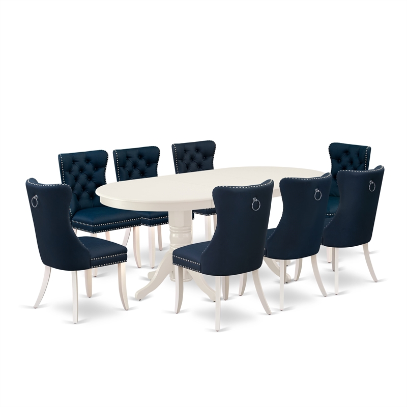 Pemberly Row 9-Piece Kitchen Table Set in Linen White and Navy Blue