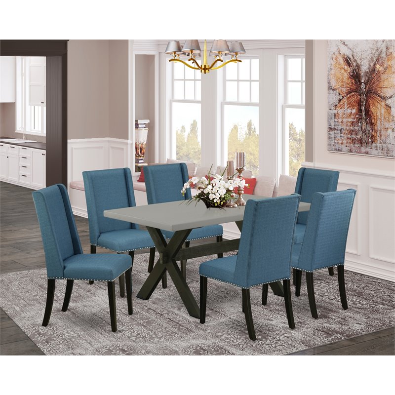 Pemberly Row 7-Piece X-Style Wood Dining Set in Mineral Blue Finish