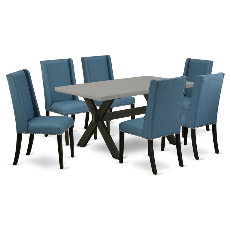 Pemberly Row 7-Piece X-Style Wood Dining Set in Mineral Blue Finish