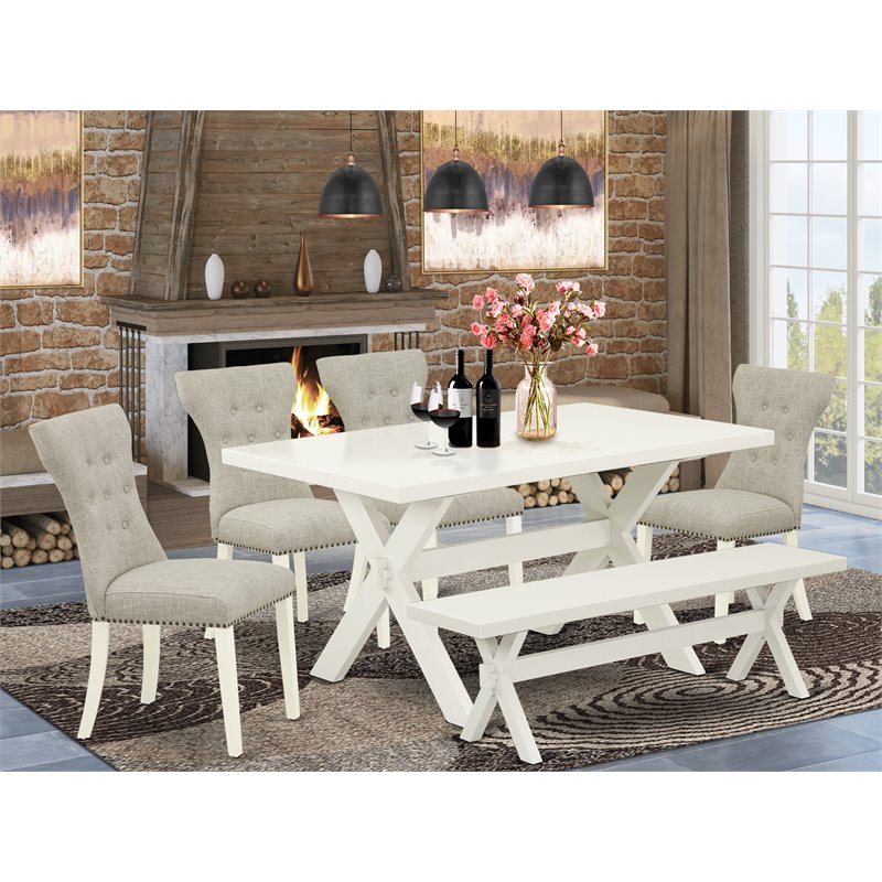 Pemberly Row 6-Piece Linen White Kitchen Set with Small Bench and Chairs