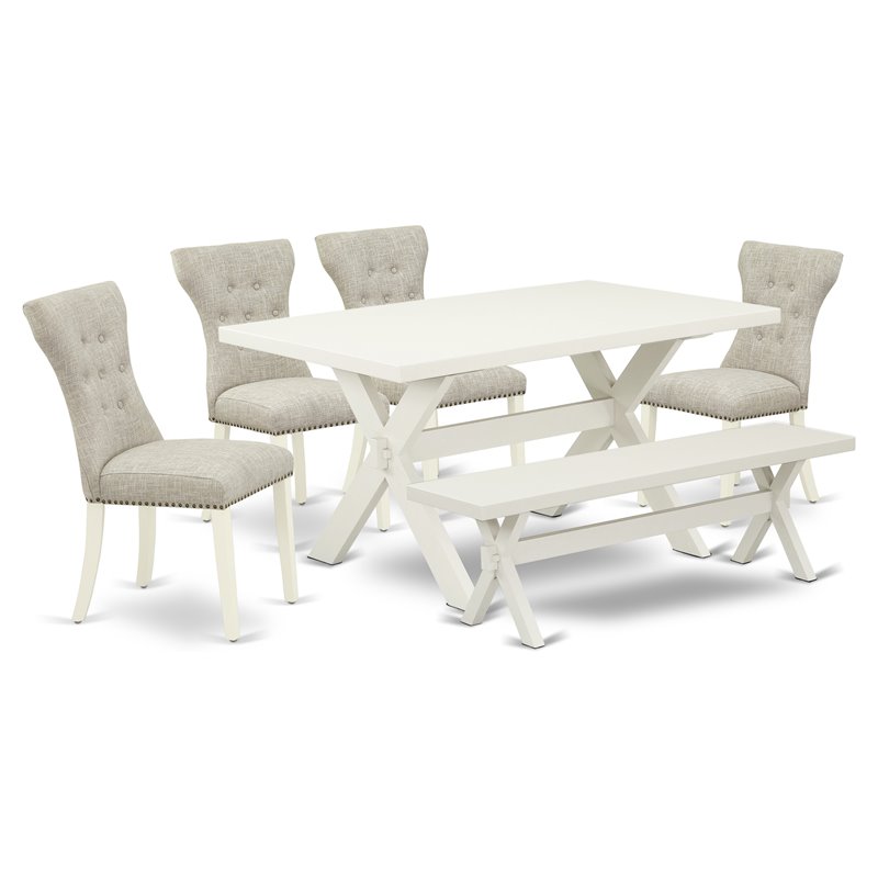 Pemberly Row 6-Piece Linen White Kitchen Set with Small Bench and Chairs