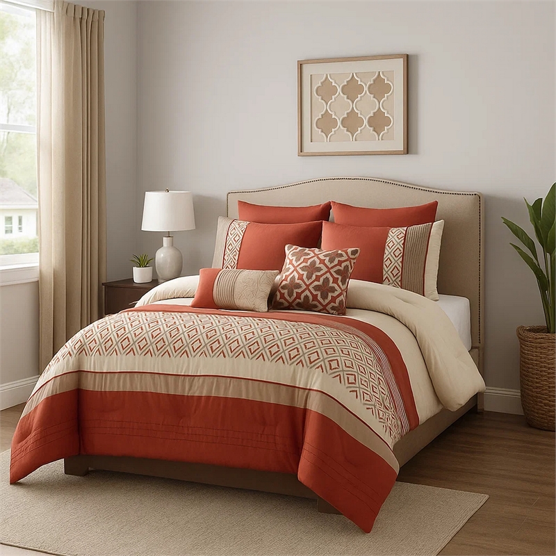 Pemberly Row 8-Piece King Comforter with Geometric Embroidery in Orange