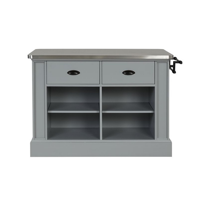 Pemberly Row Kitchen Island with Steel Top and 4 Open Compartments in Gray