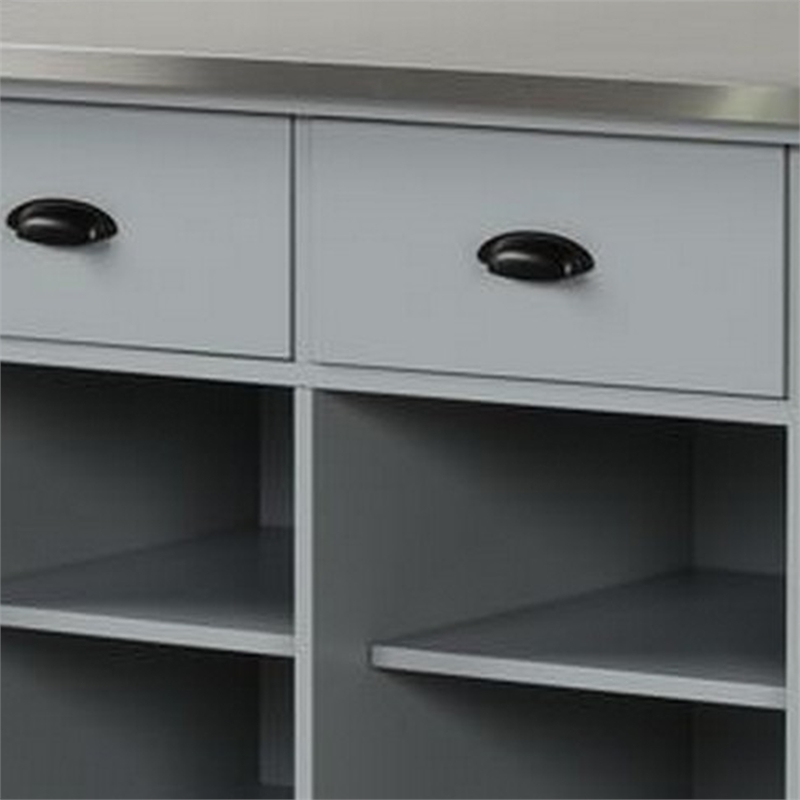 Pemberly Row Kitchen Island with Steel Top and 4 Open Compartments in Gray