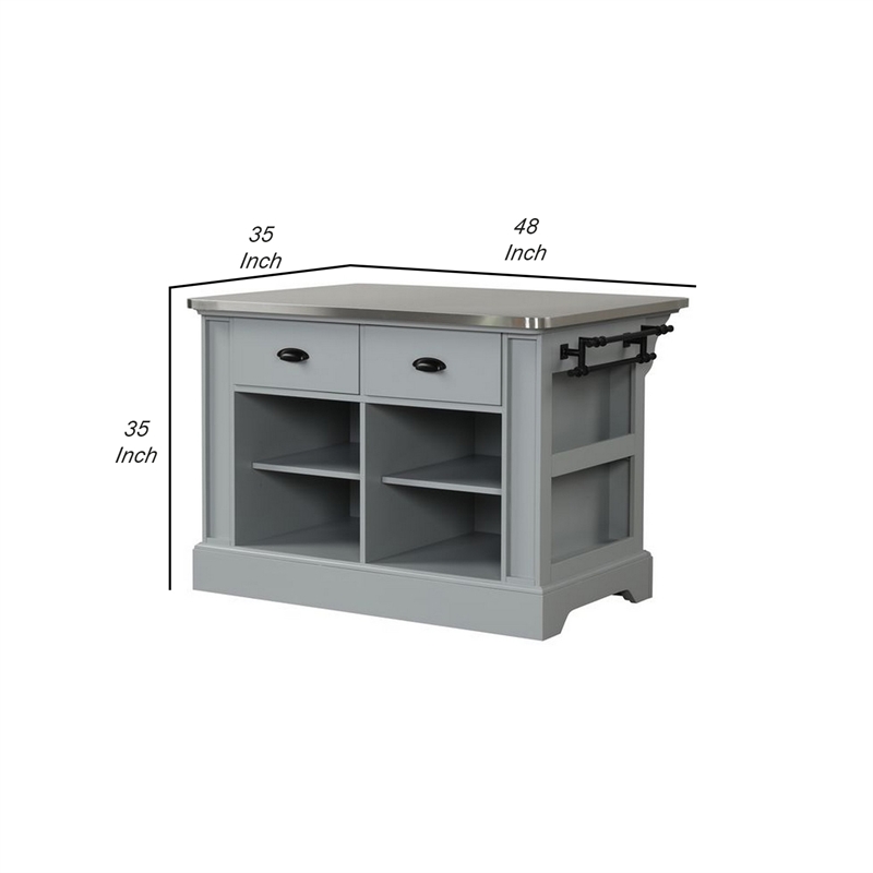 Pemberly Row Kitchen Island with Steel Top and 4 Open Compartments in Gray