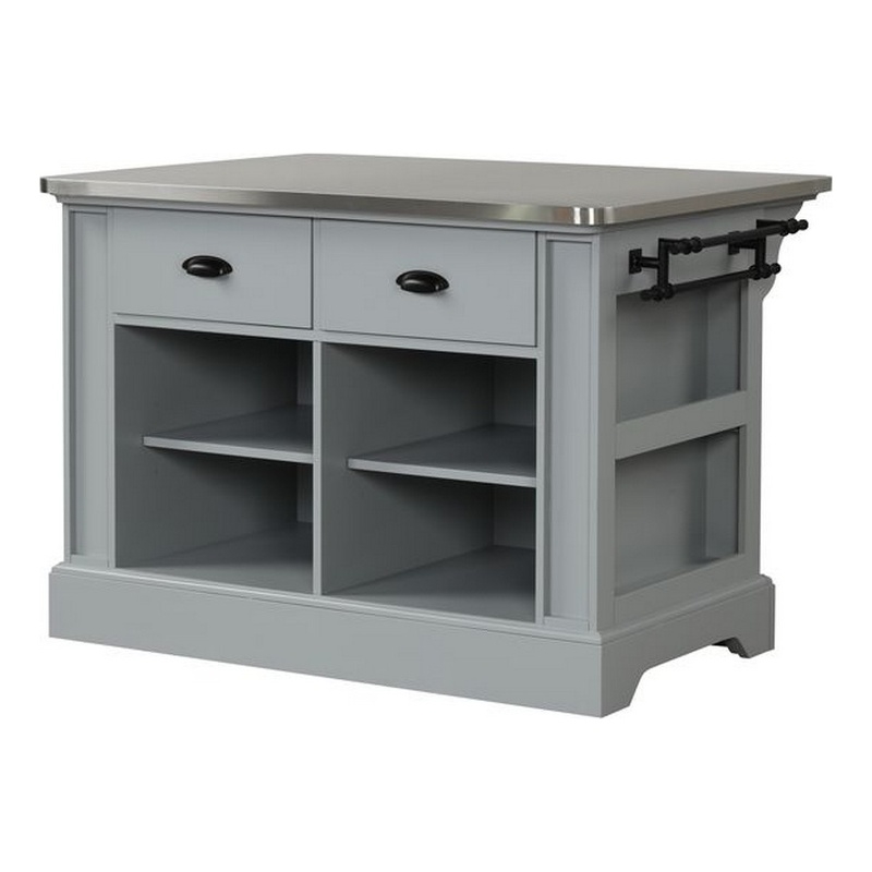 Pemberly Row Kitchen Island with Steel Top and 4 Open Compartments in Gray