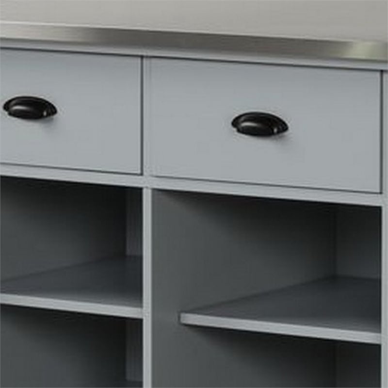 Pemberly Row Kitchen Island with Steel Top and 4 Open Compartments in Gray