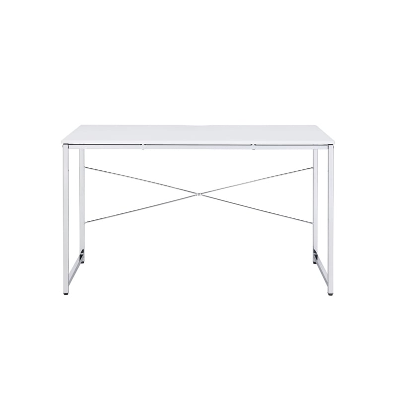 Pemberly Row Writing Desk with X-Shaped Bar and Frame in Chrome and White