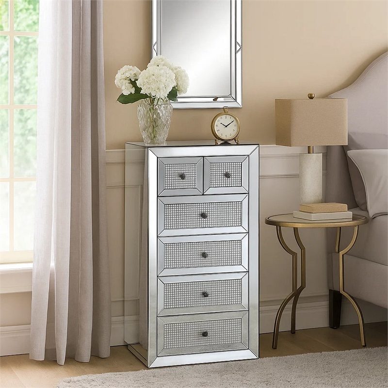 Pemberly Row 6-Drawer Mirrored Cabinet with Faux Diamond Inlays in Silver