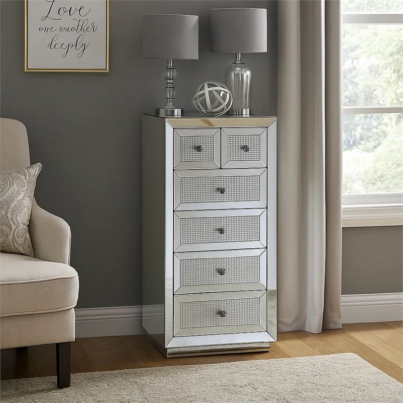 Pemberly Row 6-Drawer Mirrored Cabinet with Faux Diamond Inlays in Silver