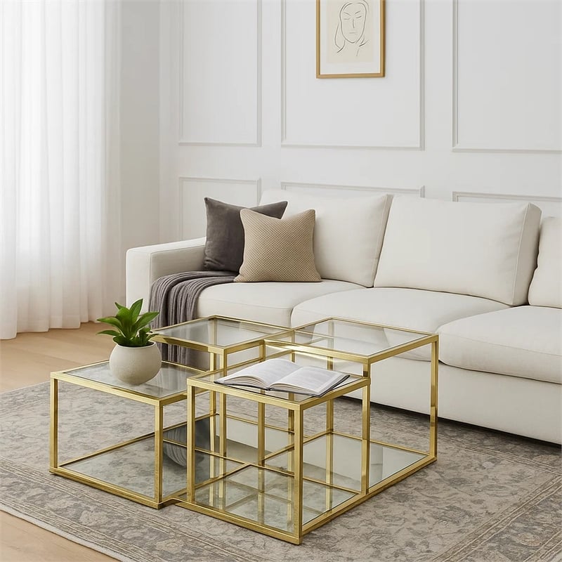 Pemberly Row Coffee Table with Glass Top and Tubular Metal Frame in Gold