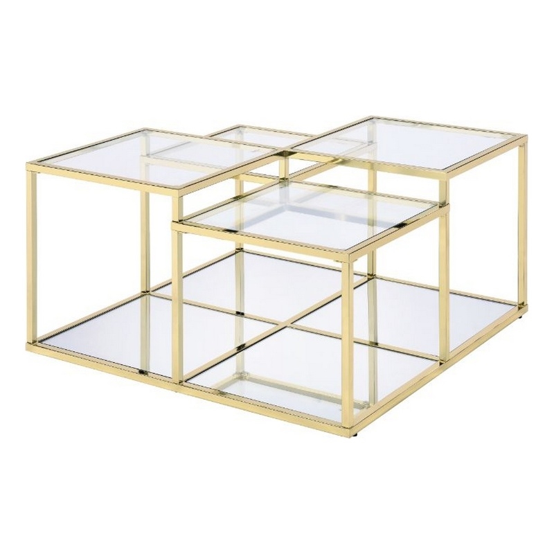 Pemberly Row Coffee Table with Glass Top and Tubular Metal Frame in Gold