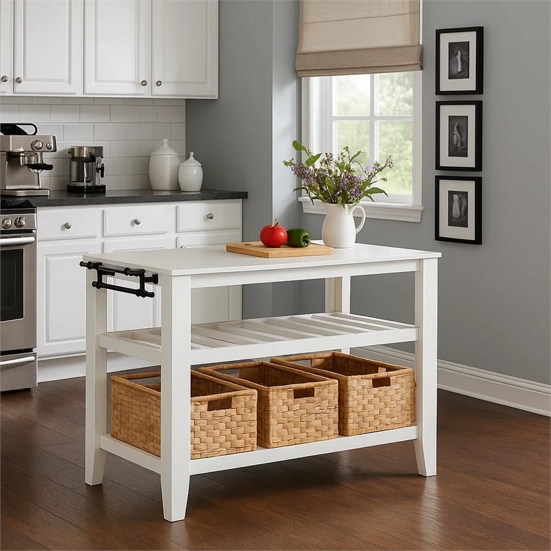 Pemberly Row 3-Tier Kitchen Island with Marble Top and 3 Baskets in White