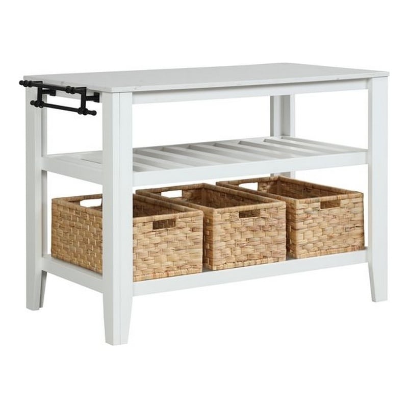 Pemberly Row 3-Tier Kitchen Island with Marble Top and 3 Baskets in White