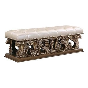 Pemberly Row Leather Tufted Bench with Scrolled Carvings in Antique Gold