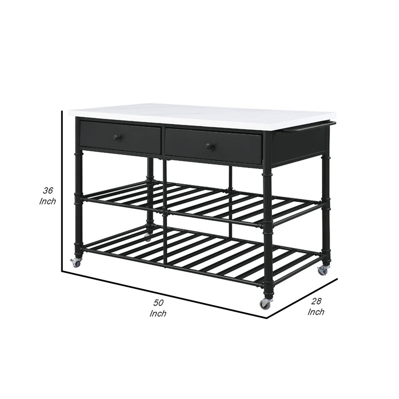 Pemberly Row Kitchen Island with Marble Top & 2 Drawers in Black and White