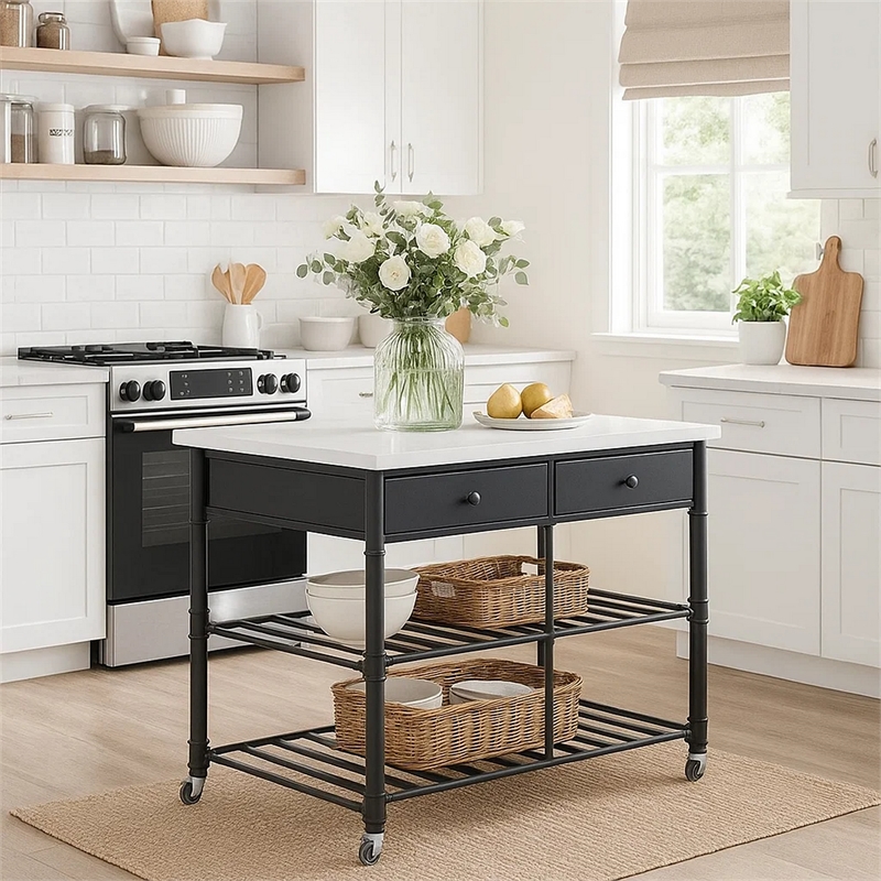Pemberly Row Kitchen Island with Marble Top & 2 Drawers in Black and White