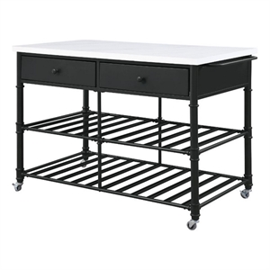 Pemberly Row Kitchen Island with Marble Top & 2 Drawers in Black and White