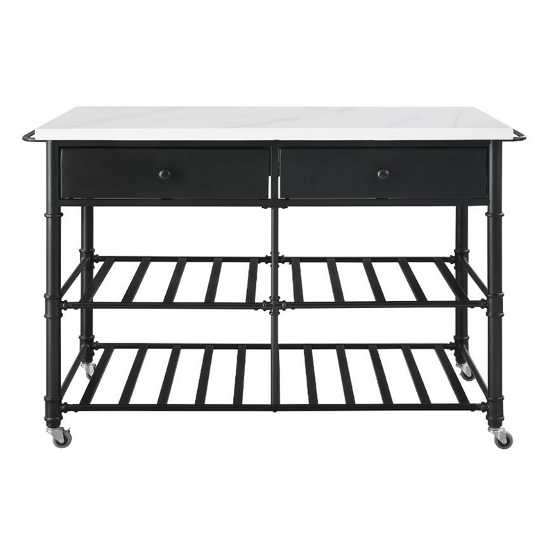 Pemberly Row Kitchen Island with Marble Top & 2 Drawers in Black and White