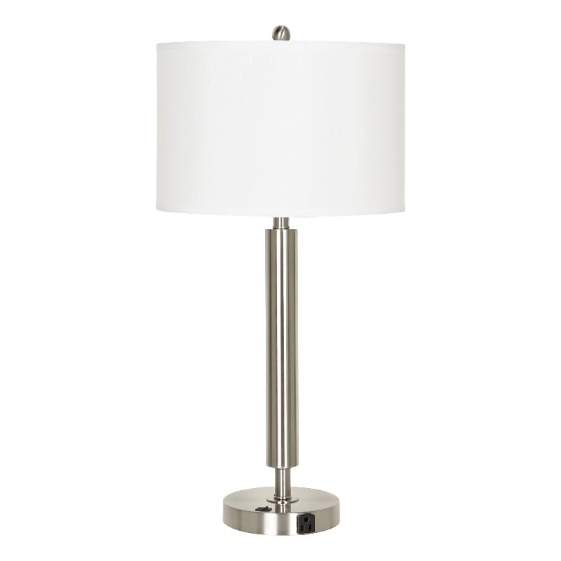 Pemberly Row 100W Table Lamp with Drum Shade and Outlet in White & Silver