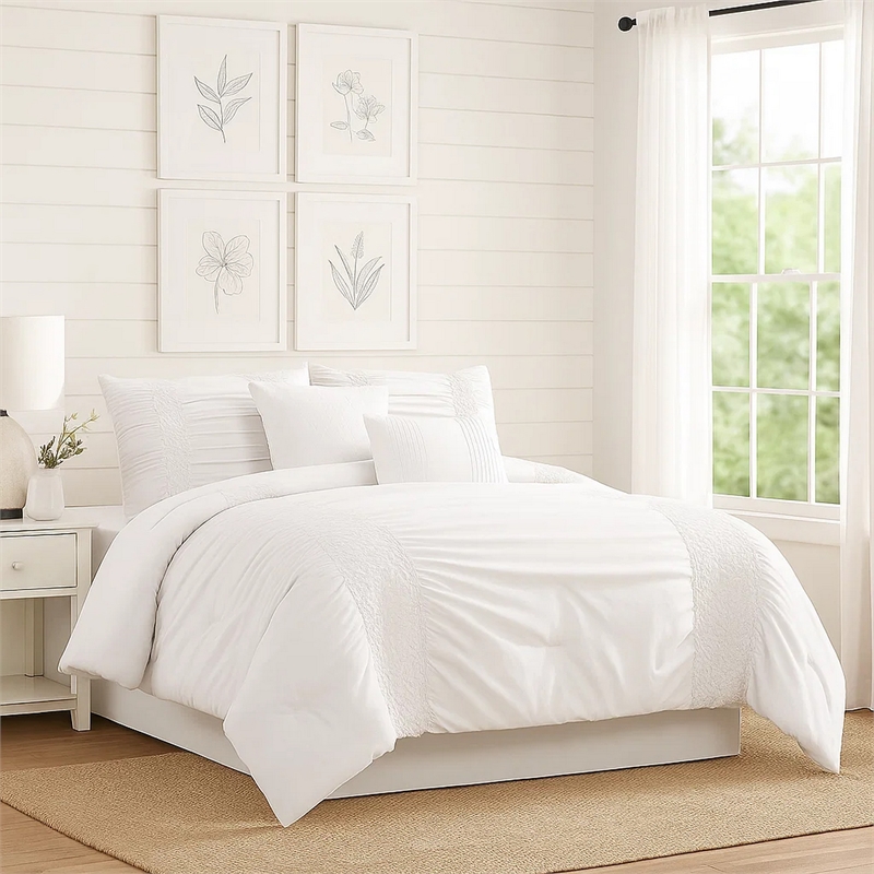 Pemberly Row 4-Piece Twin Comforter Set with Ruching 86 x 68 in White