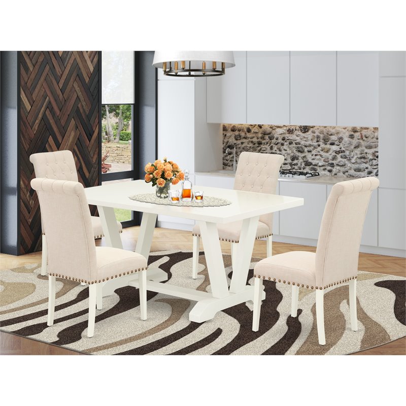 Pemberly Row 5-Piece Linen White Wood Dining Set with Parson Chairs