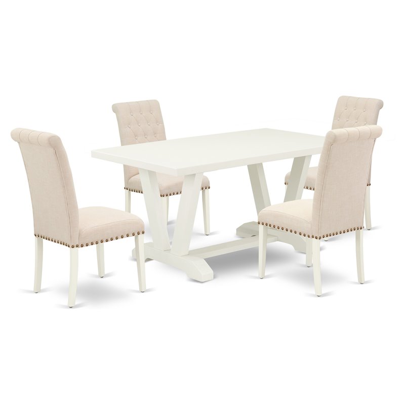 Pemberly Row 5-Piece Linen White Wood Dining Set with Parson Chairs
