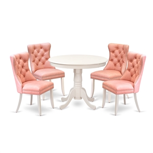 Pemberly Row 5-Piece Kitchen Set in Linen White and Beige Red Upholstery