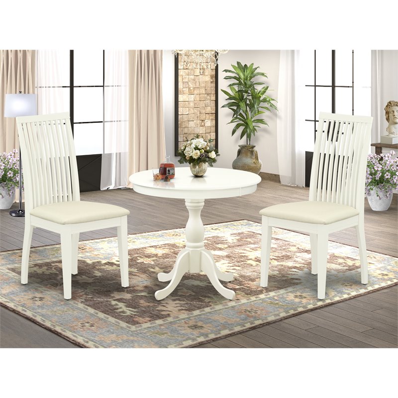 Pemberly Row 3-Piece Dinner Table Set with Slatted Chairs in White Wood