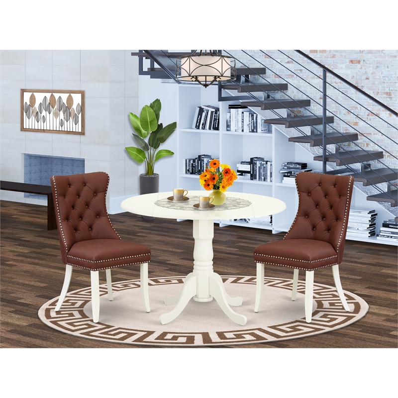 Pemberly Row 3-Piece Round Dining Table Set in Linen White and Burgundy