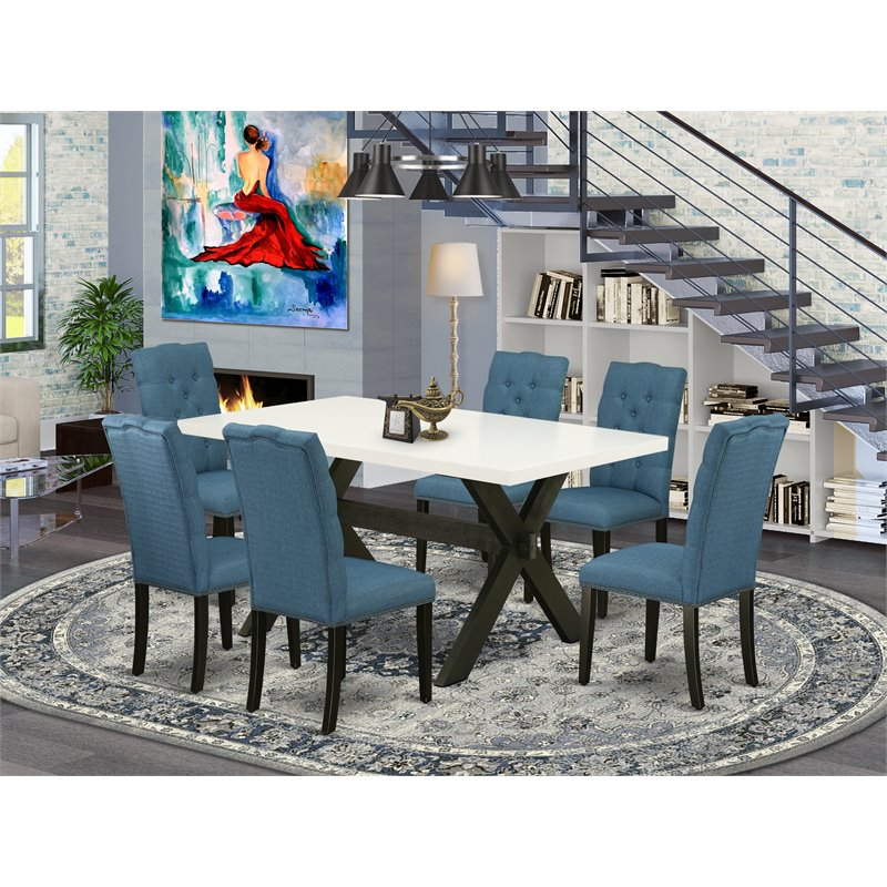 Pemberly Row X-Style 7-Piece Wood Dining Set in Black and Mineral Blue