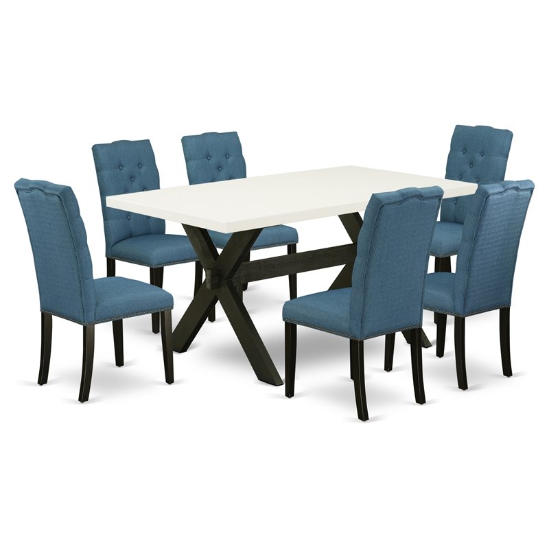 Pemberly Row X-Style 7-Piece Wood Dining Set in Black and Mineral Blue