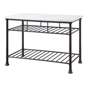 Pemberly Row Kitchen Island with Marble Top and 2 Metal Shelves in White