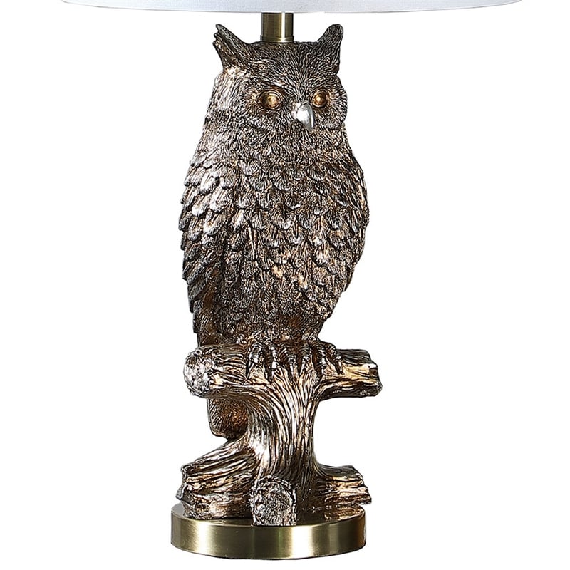 Pemberly Row 100W Sitting Owl Table Lamp with Fabric Drum Shade in Silver