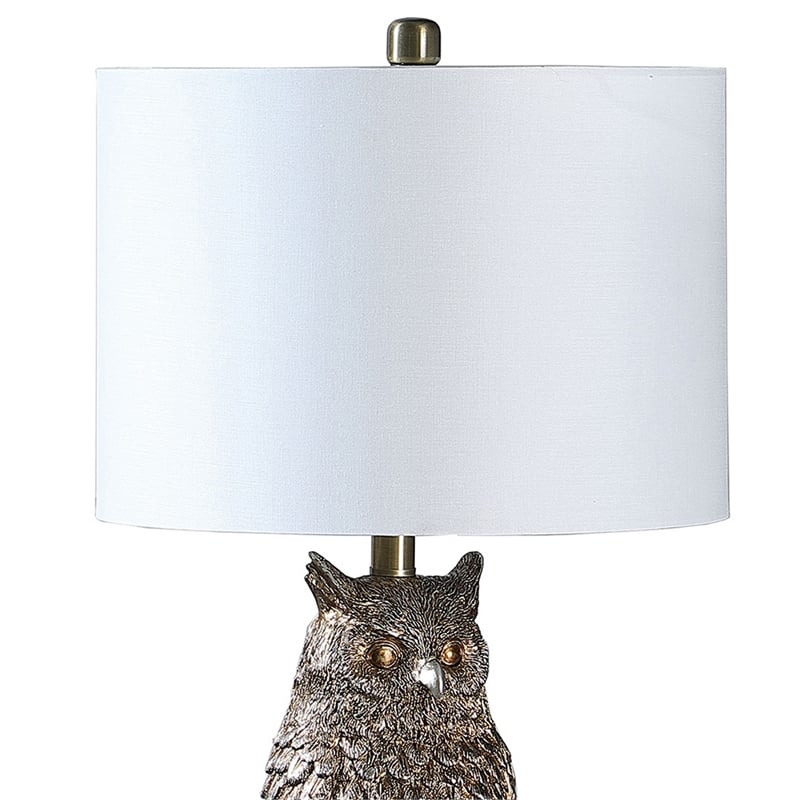Pemberly Row 100W Sitting Owl Table Lamp with Fabric Drum Shade in Silver
