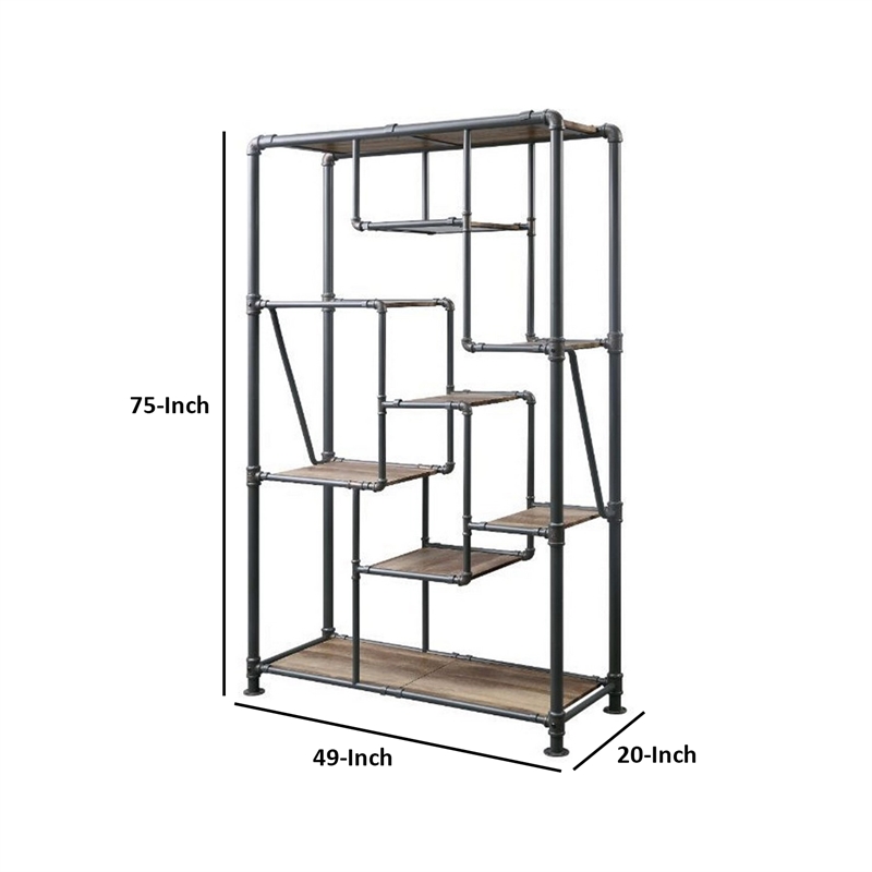 Pemberly Row 8-Tier Water Pipe Design Metal Bookshelf in Brown and Gray