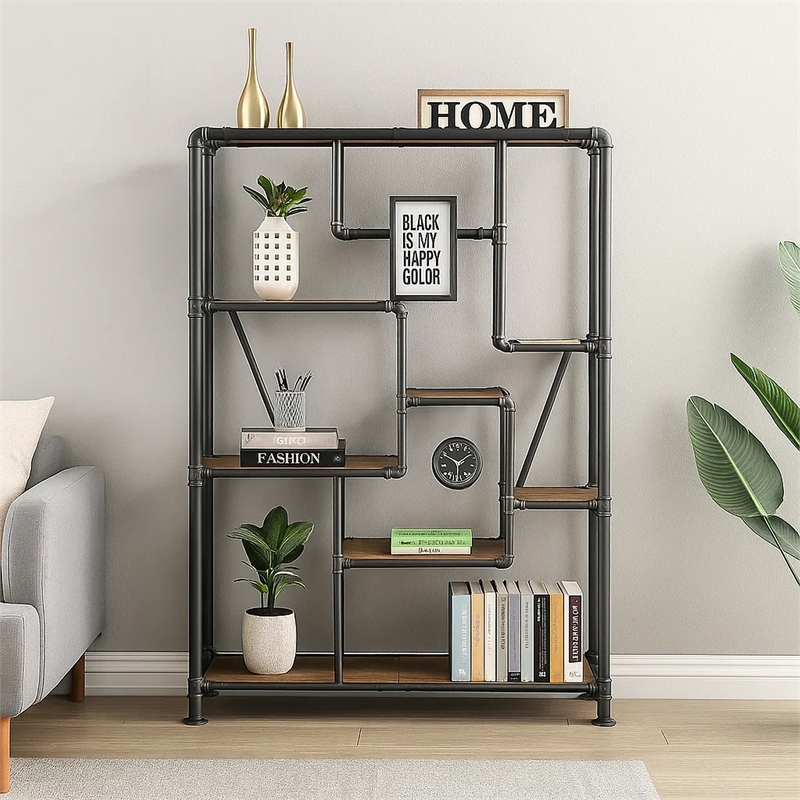 Pemberly Row 8-Tier Water Pipe Design Metal Bookshelf in Brown and Gray