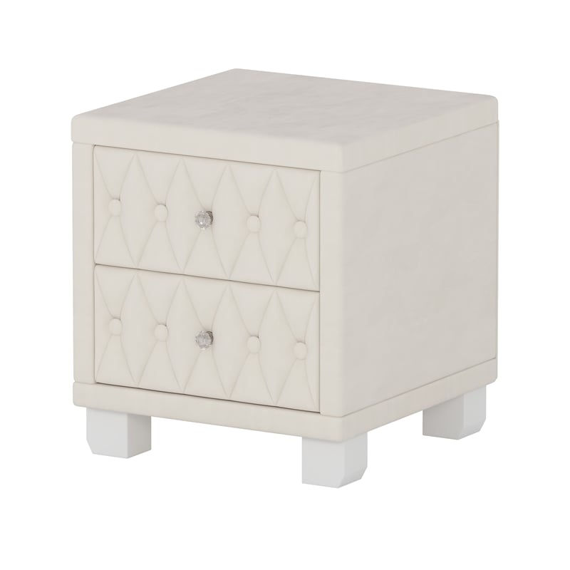Pemberly Row Beige Velvet 2-Drawer Nightstand with Crystal Handles